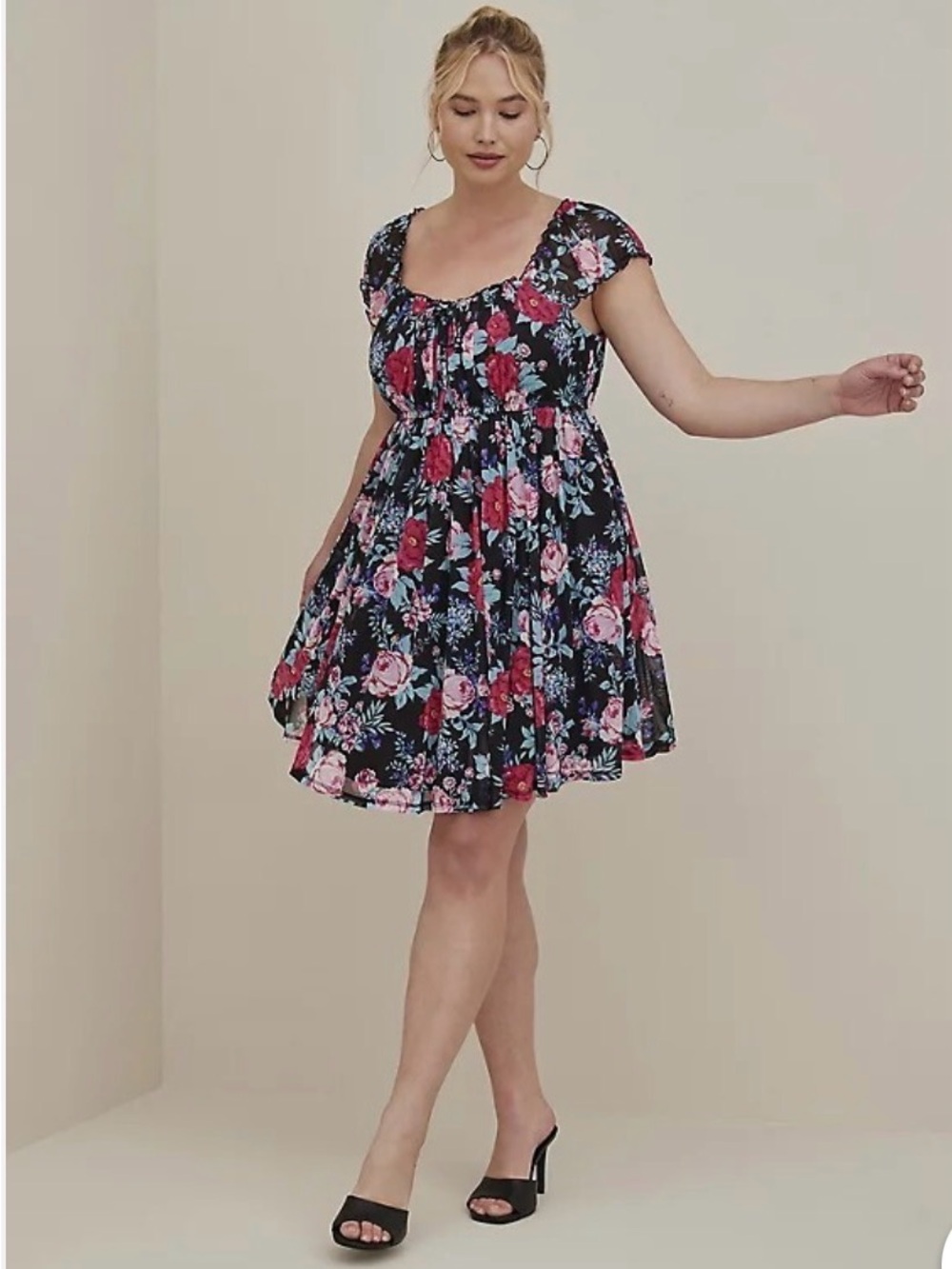 NWOT 3x Floral Babydoll Mini Dress in Black with Pink & Blue Roses